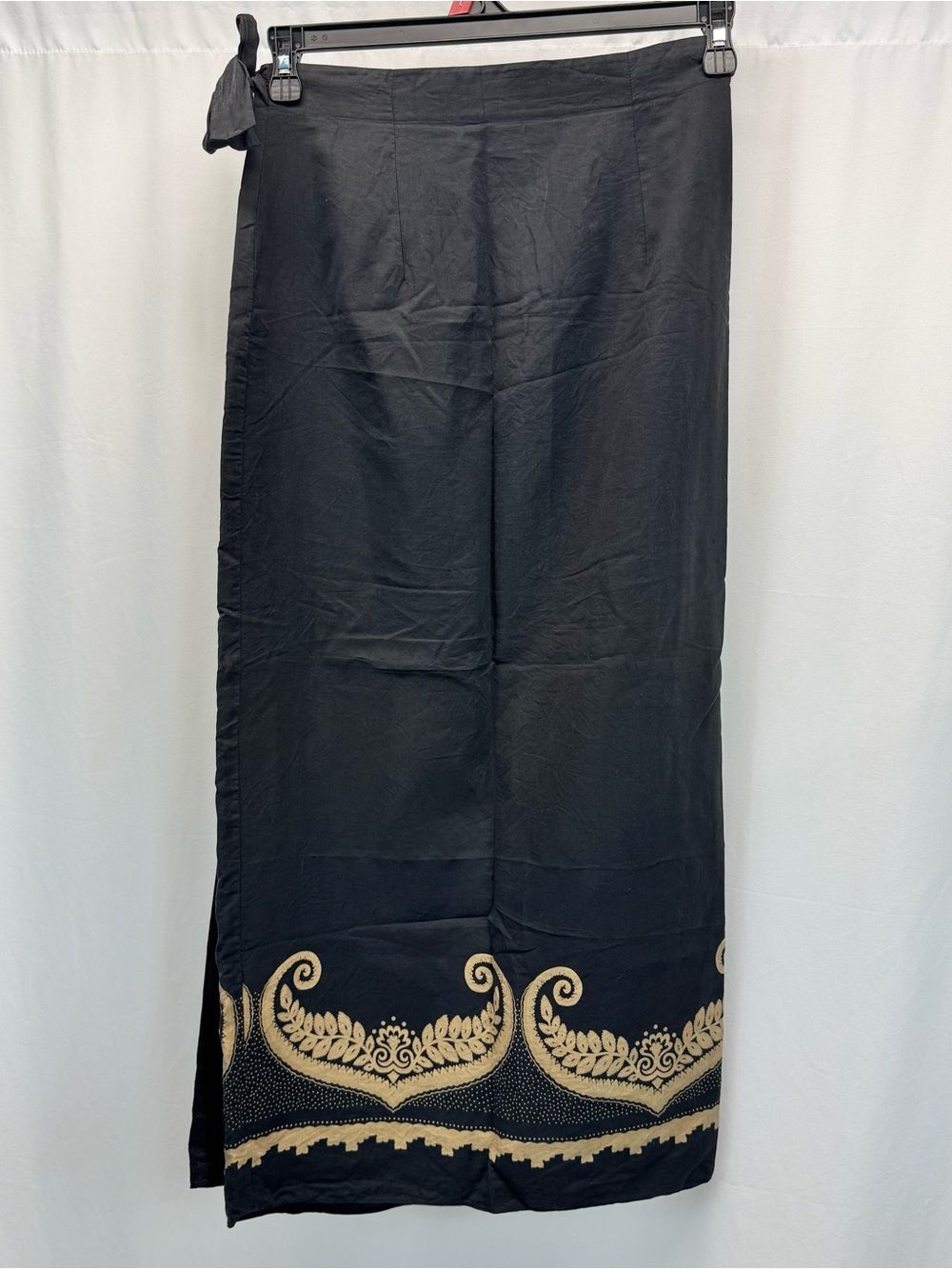 Black Maxi Wrap Silk Skirt 28" S Boho Vtg Romantic Dark Academia Preppy - Picture 5 of 7